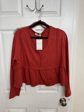 Women's Rust Red V-Neck Peplum Long Sleeve Top